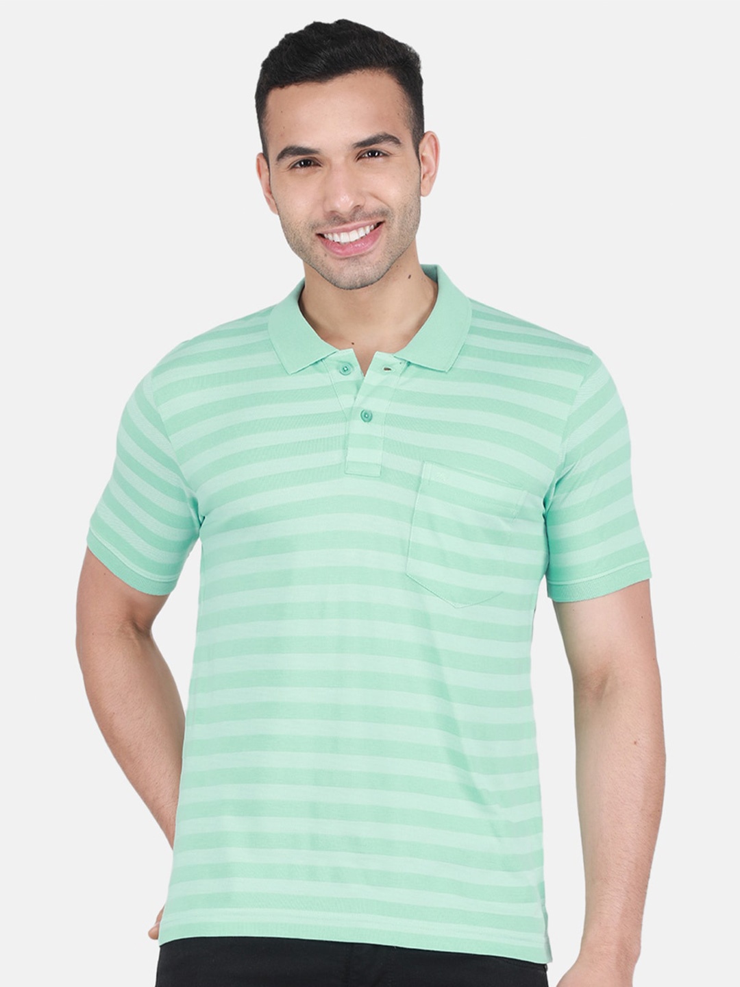 

Monte Carlo Striped Polo Collar Regular Fit Cotton T-Shirt, Sea green