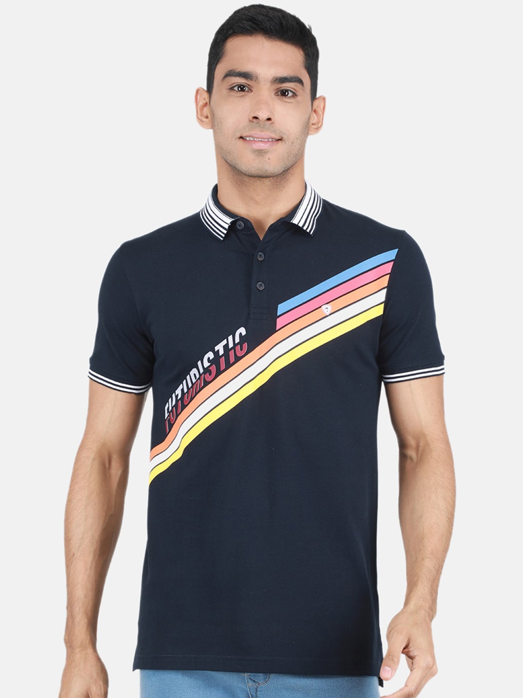 

Monte Carlo Striped Polo Collar Cotton T-shirt, Navy blue