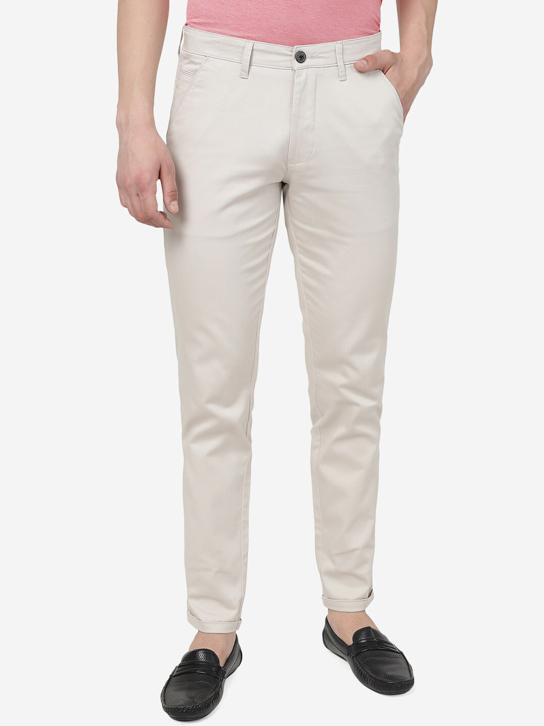 

Greenfibre Men Mid Raise Pure Cotton Slim Fit Casual Trousers, Cream