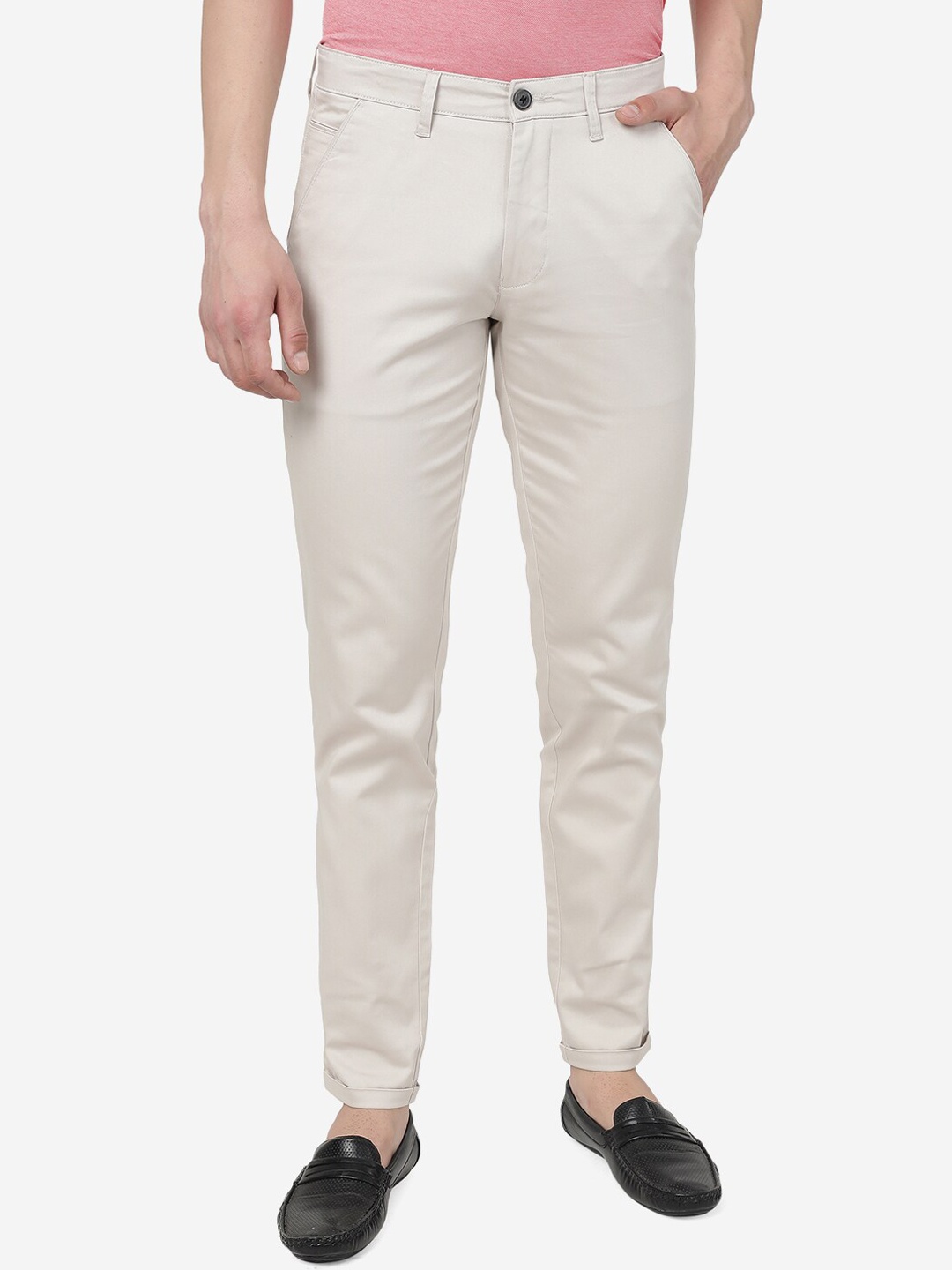 

Greenfibre Men Mid Rise Pure Cotton Slim Fit Casual Trousers, Cream