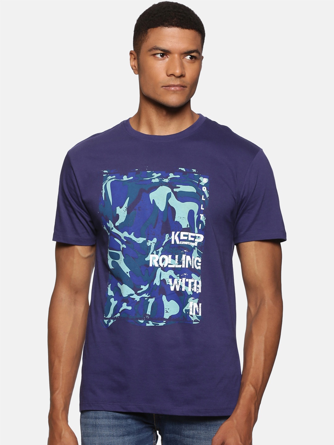 

bollti Graphic Printed Round Neck Cotton T-shirt, Navy blue