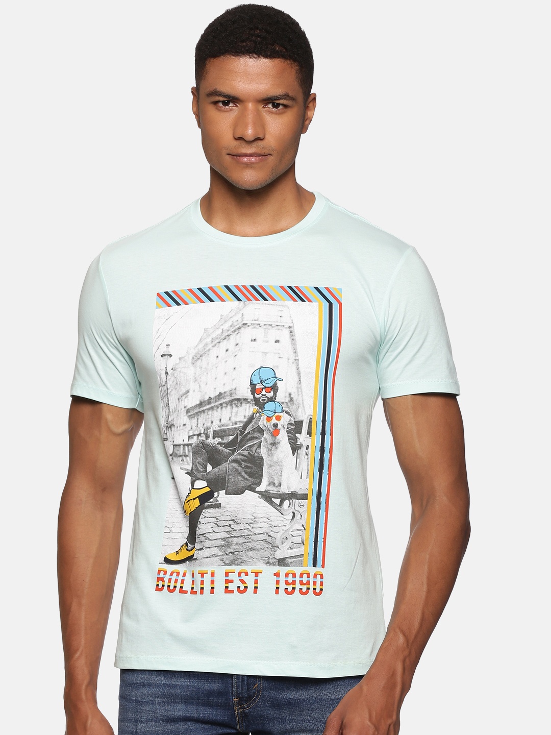 

bollti Graphic Printed Round Neck Cotton T-shirt, Sea green