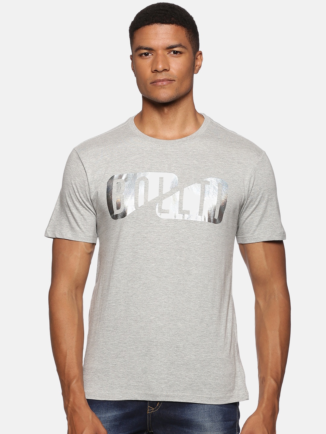 

bollti Typography Printed Round Neck Cotton T-shirt, Grey melange