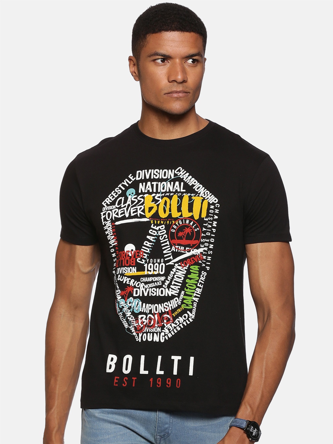 bollti Typography Printed Round Neck Cotton T-shirt, Black