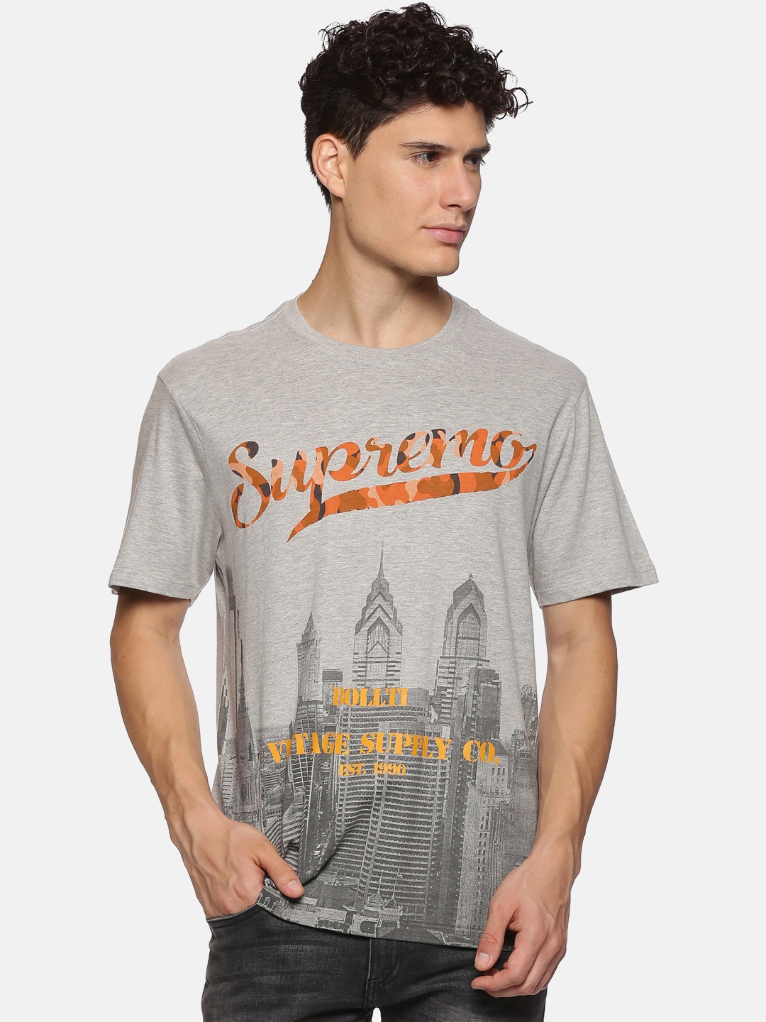 

bollti Graphic Printed Pure Cotton T-Shirt, Grey
