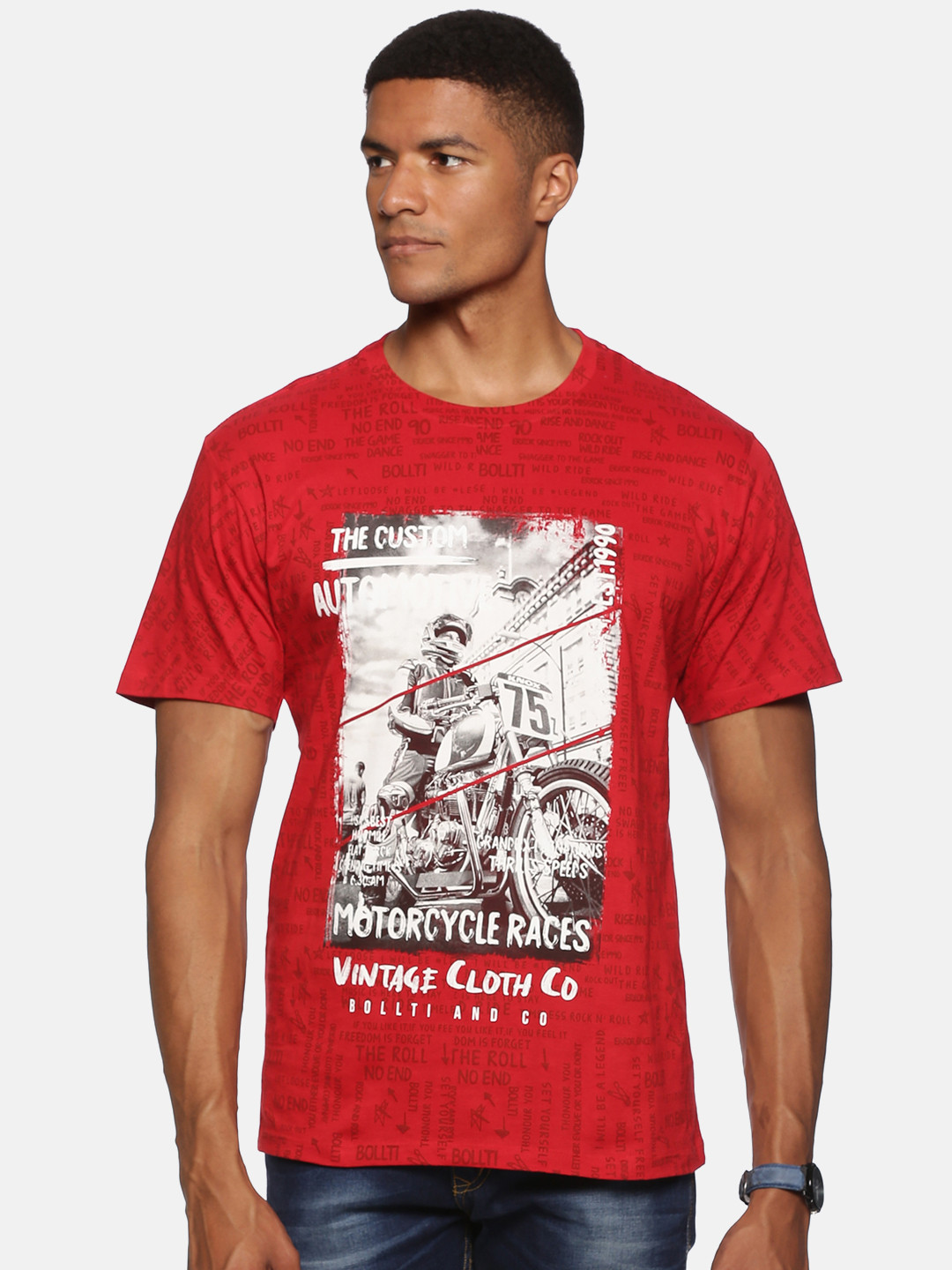 

bollti Graphic Printed Pure Cotton T-Shirt, Red