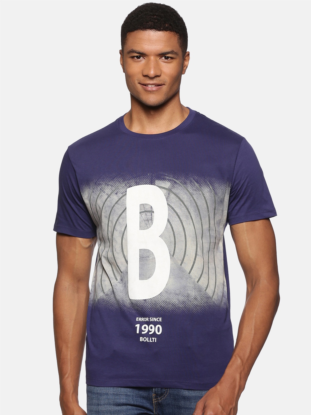 bollti Typography Printed Round Neck Cotton T-shirt, Navy blue