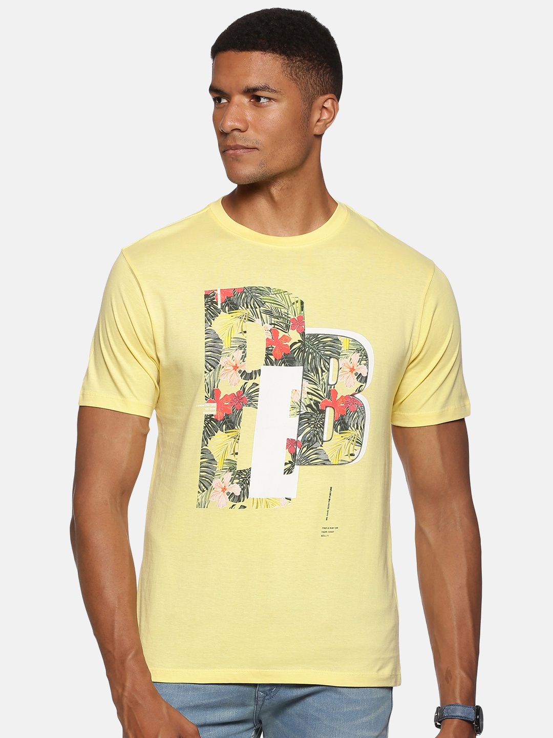 

bollti Tropical Printed Round Neck Cotton T-shirt, Yellow