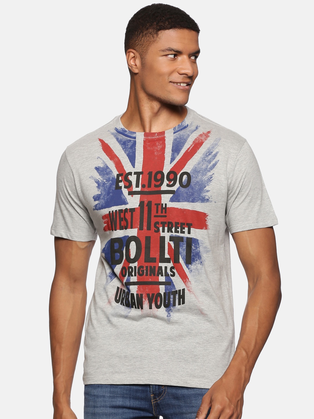 bollti Typography Printed Round Neck Cotton T-shirt, Grey