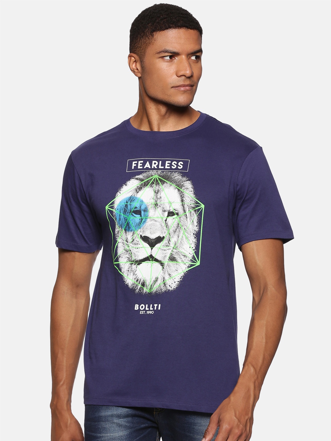 

bollti Graphic Printed Round Neck Cotton T-shirt, Navy blue