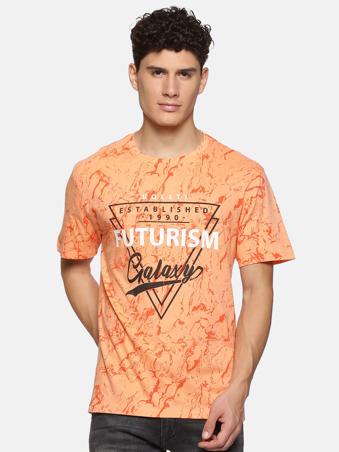 

bollti Abstract Printed Round Neck Cotton T-shirt, Orange
