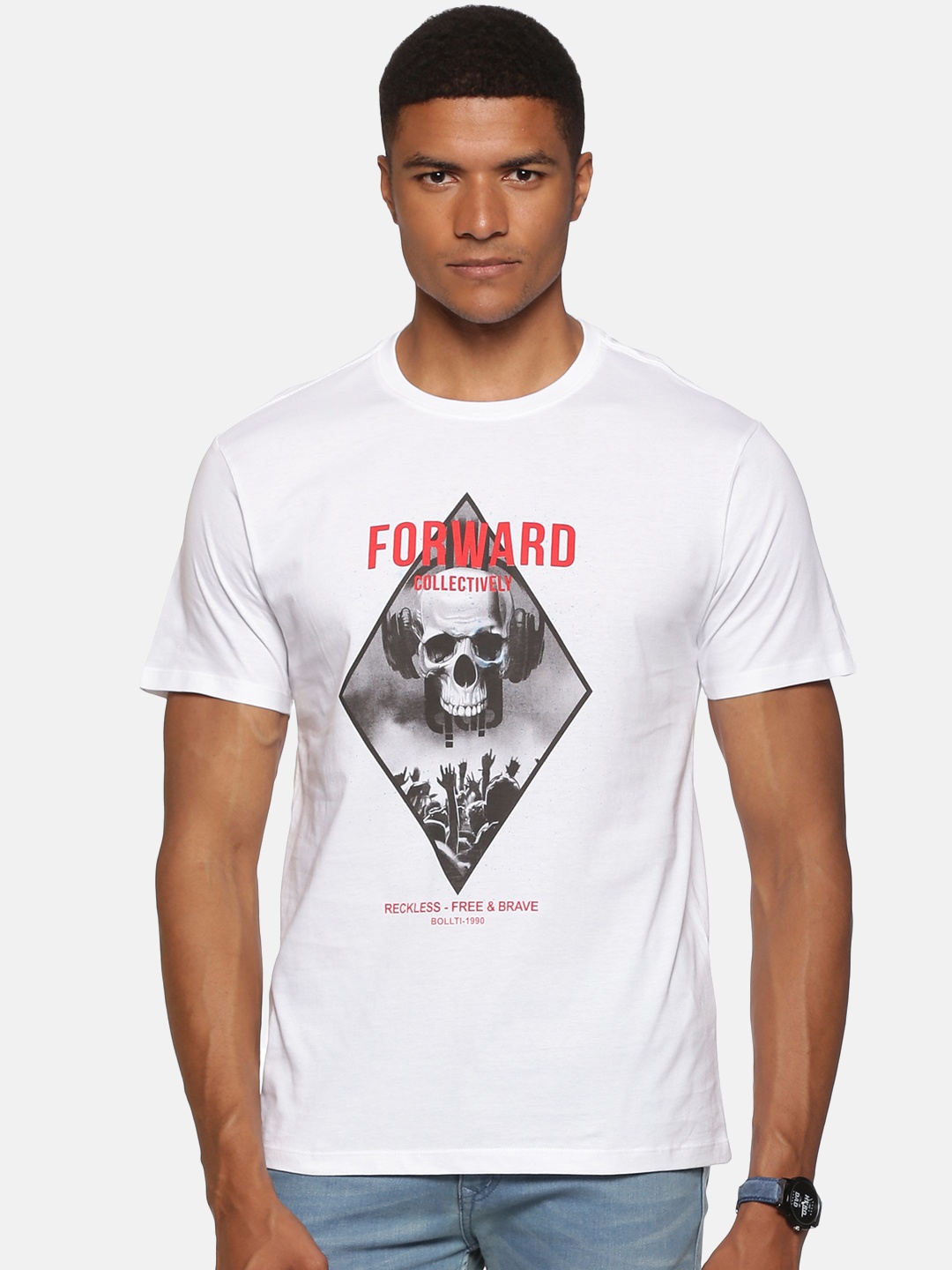 

bollti Graphic Printed Pure Cotton Casual T-Shirt, White