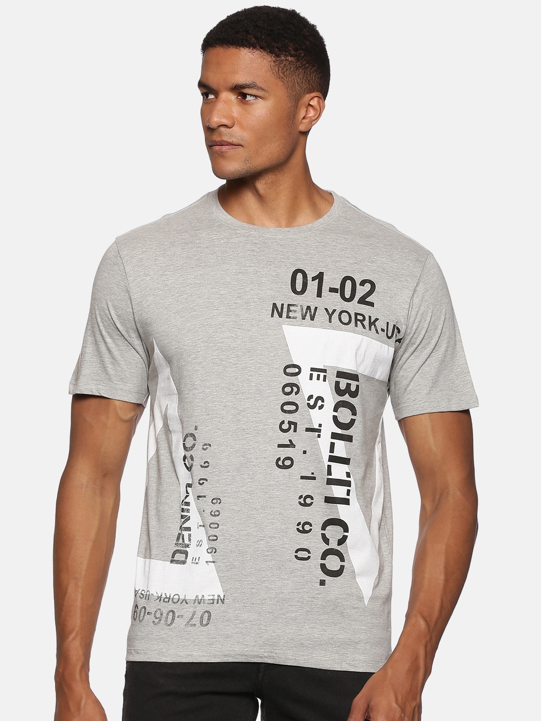 bollti Typography Printed Round Neck Cotton T-shirt, Grey