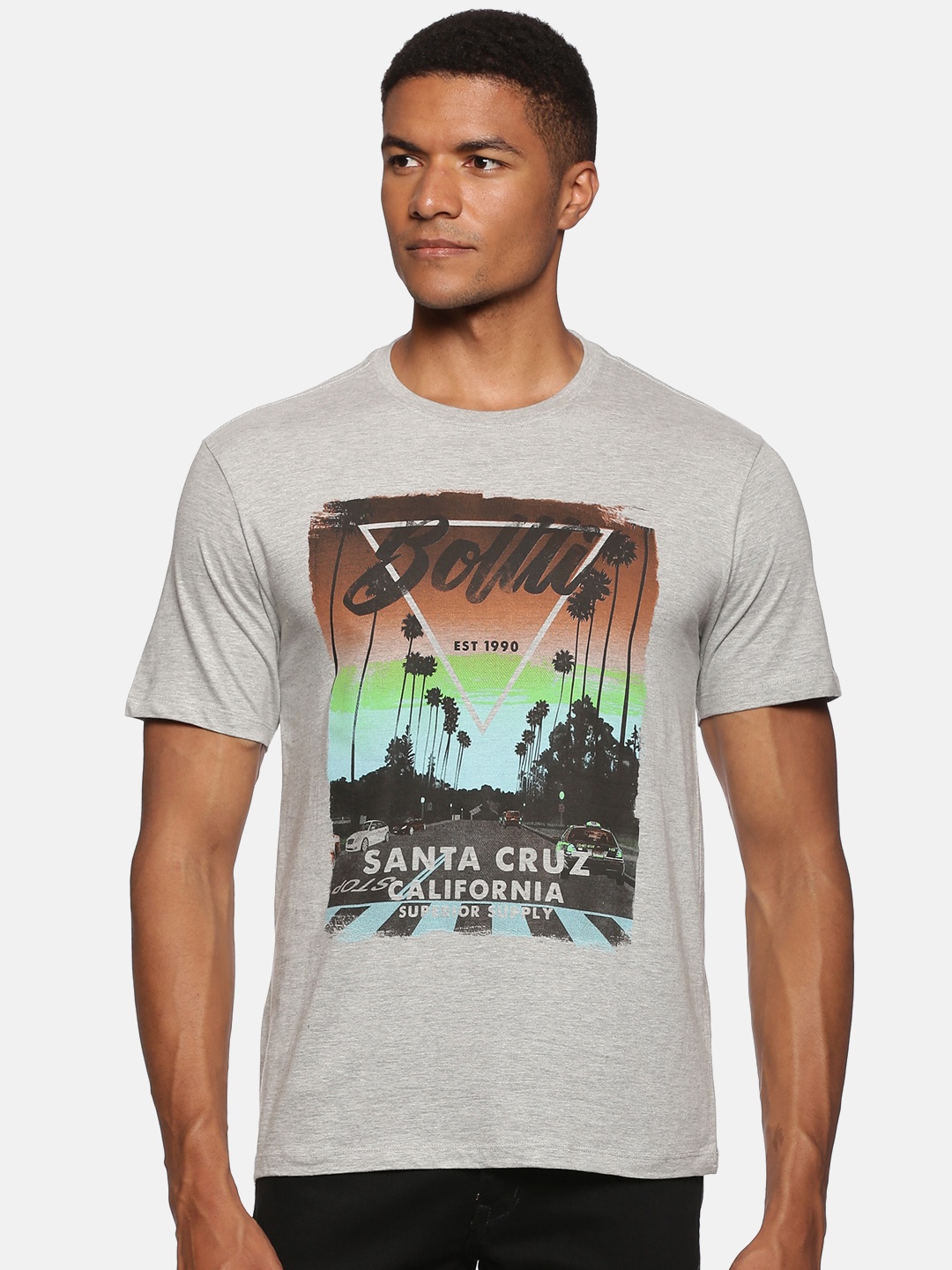 

bollti Graphic Printed Round Neck Cotton T-shirt, Grey