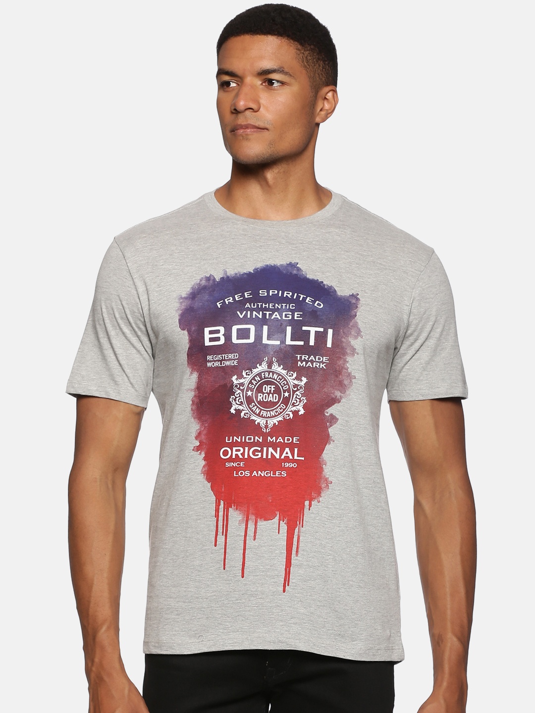

bollti Typography Printed Pure Cotton Casual T-Shirt, Grey