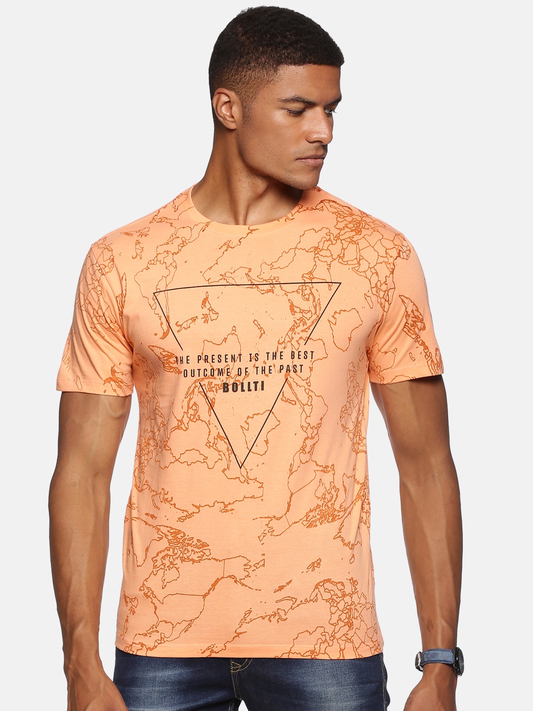 

bollti Abstract Printed Round Neck Cotton T-shirt, Orange