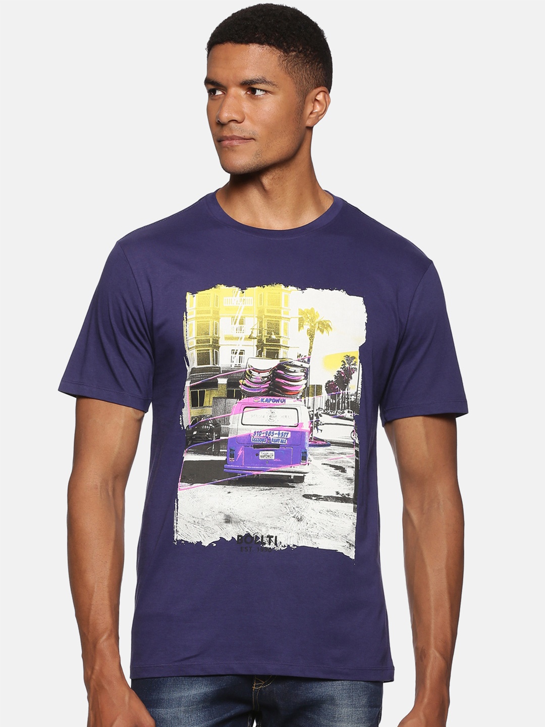 

bollti Graphic Printed Round Neck Cotton T-shirt, Navy blue