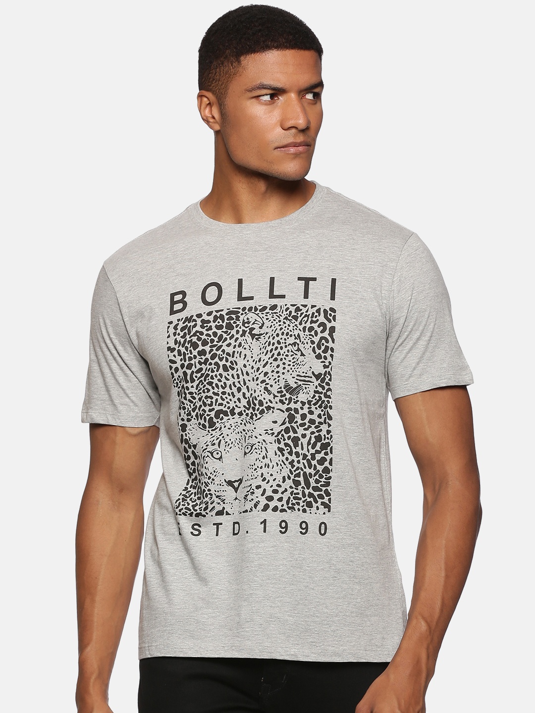 

bollti Graphic Printed Round Neck Cotton T-shirt, Grey