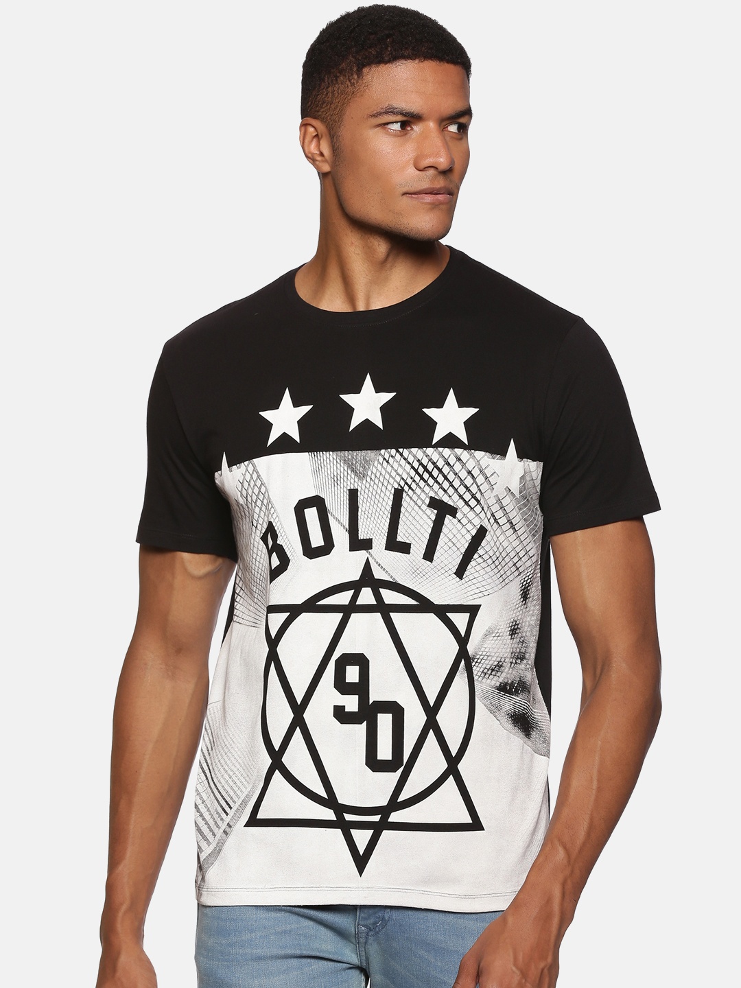 

bollti Geometric Printed Pure Cotton Casual T-Shirt, Black
