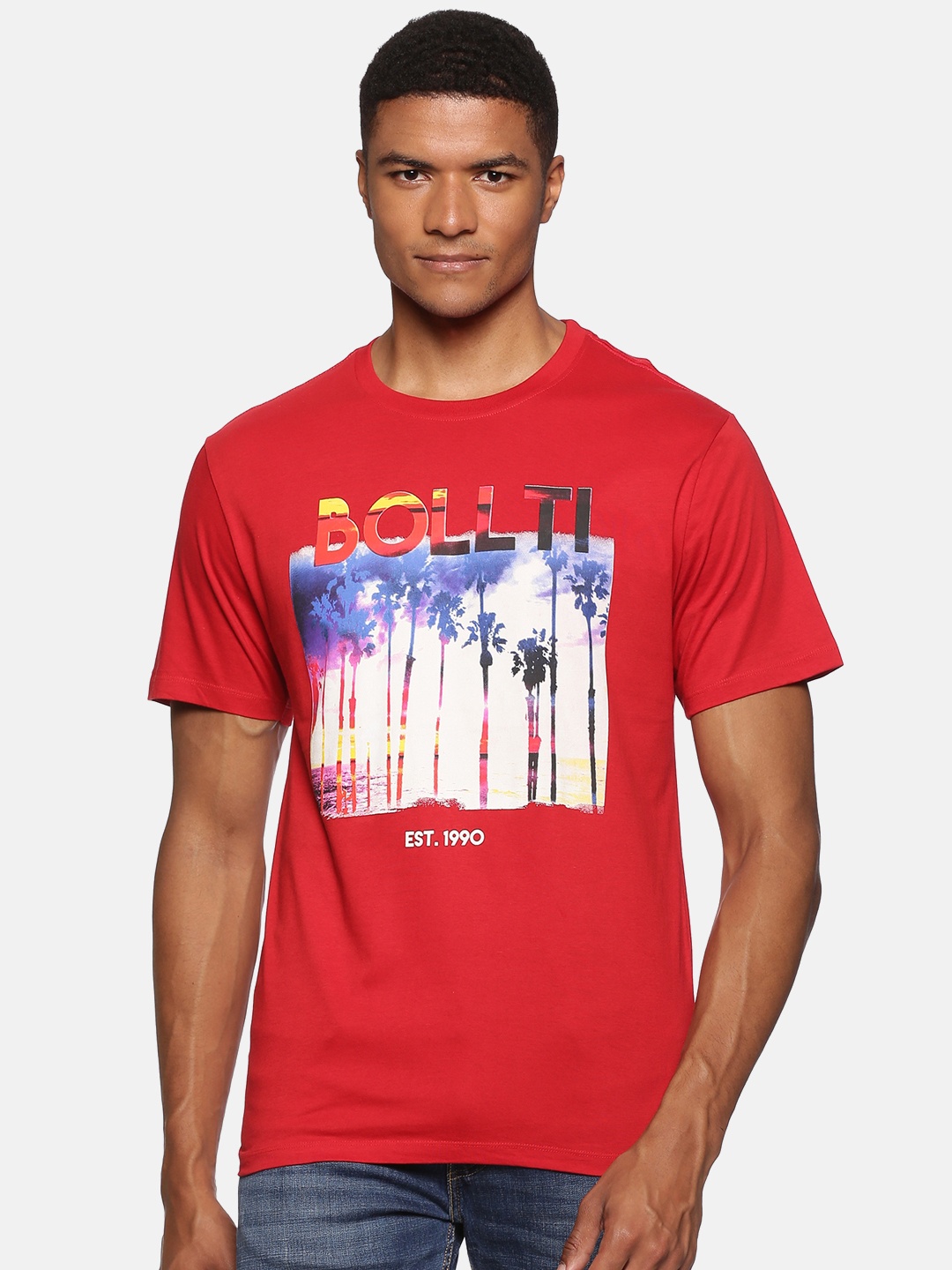

bollti Graphic Printed Round Neck Cotton T-shirt, Red