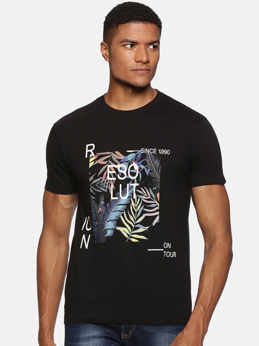 

bollti Tropical Printed Round Neck Cotton T-shirt, Black