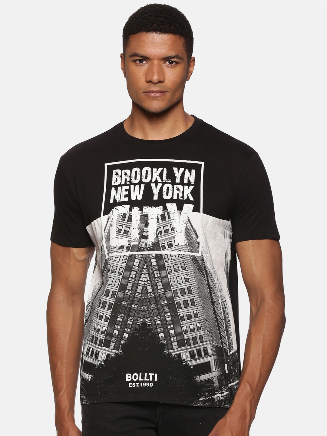 

bollti Graphic Printed Round Neck Cotton T-shirt, Black