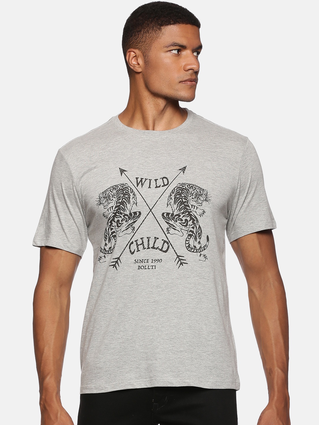 

bollti Graphic Printed Pure Cotton Casual T-Shirt, Grey