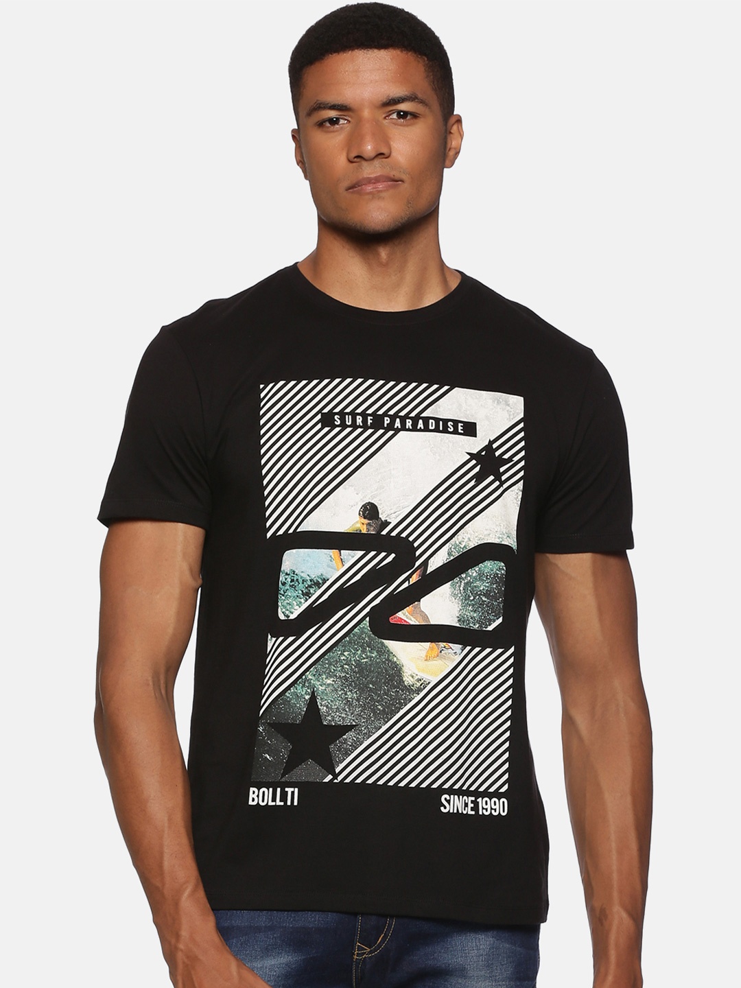 

bollti Graphic Printed Cotton T-Shirt, Black