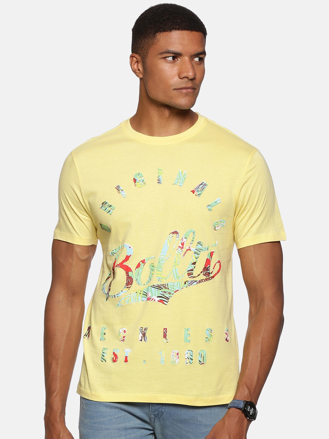 

bollti Typography Printed Pure Cotton T-Shirt, Yellow