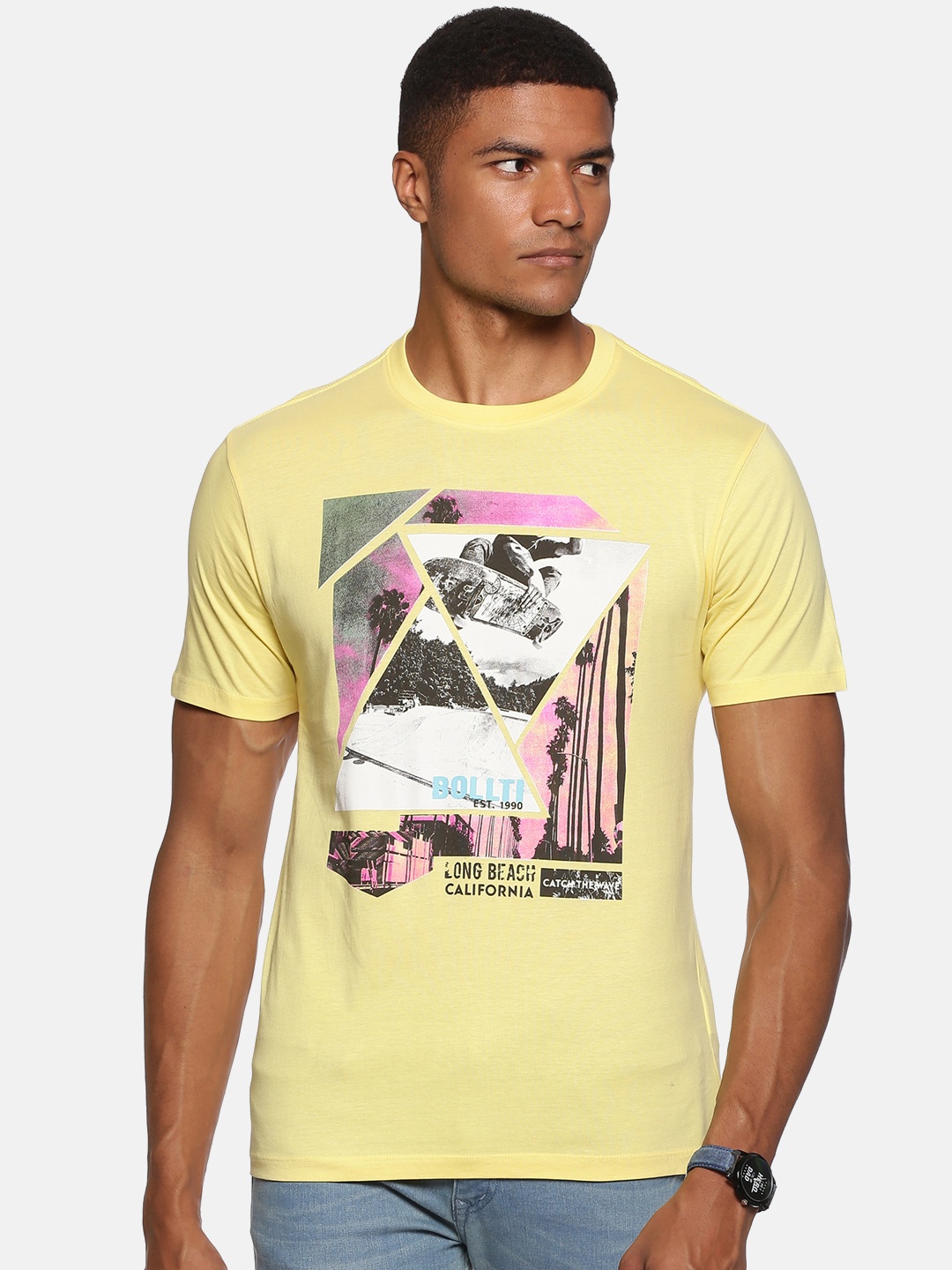 

bollti Graphic Printed Pure Cotton T-Shirt, Yellow