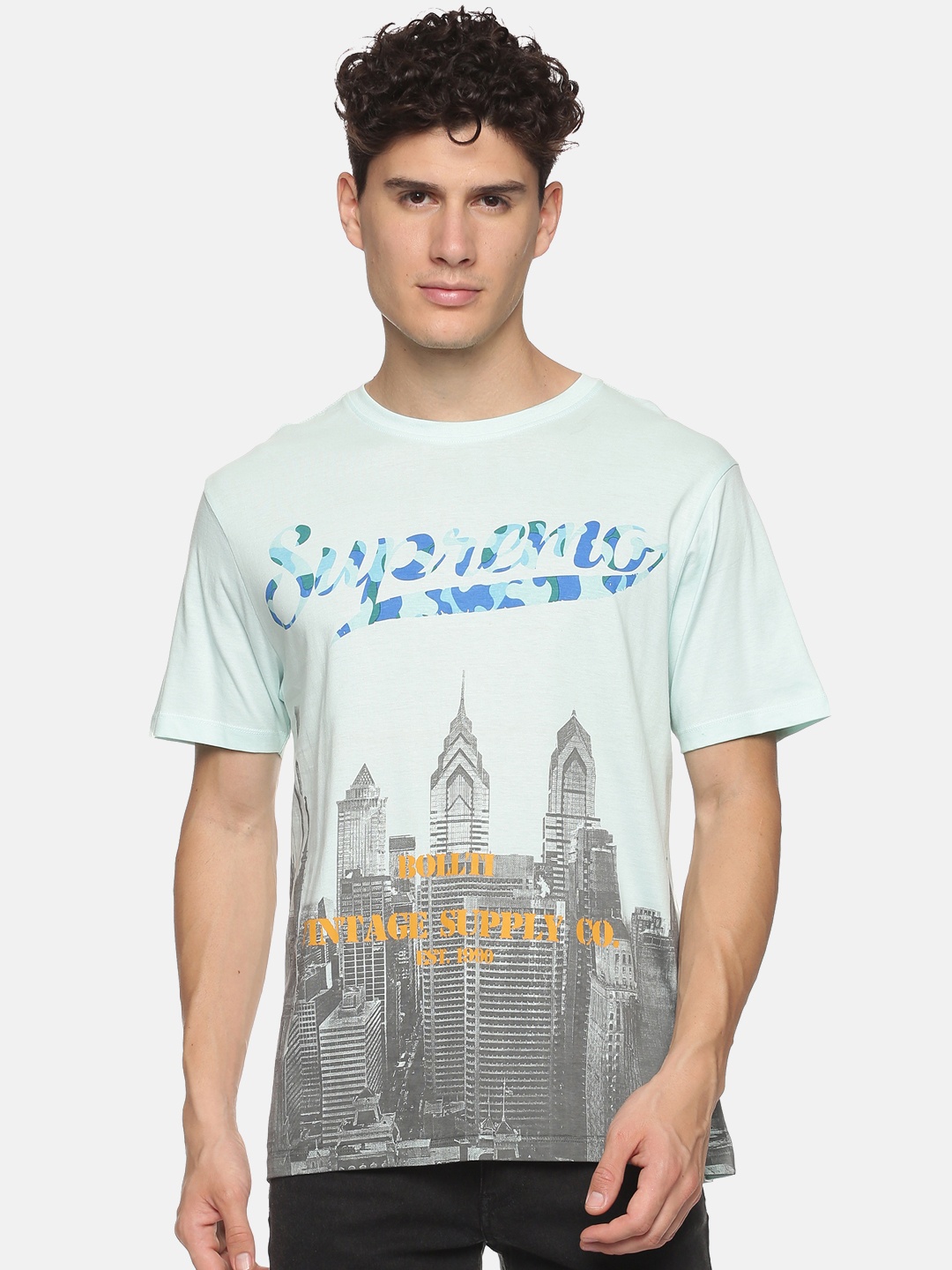 

bollti Graphic Printed Cotton T-Shirt, Blue
