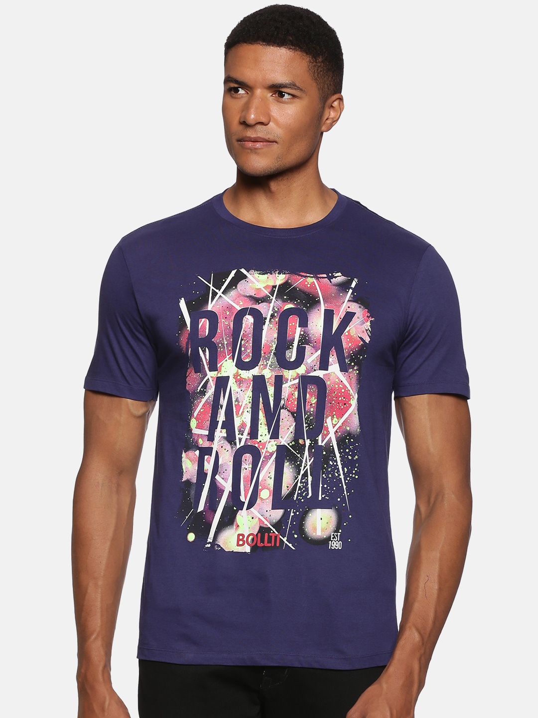 bollti Typography Printed Cotton T-Shirt, Navy blue