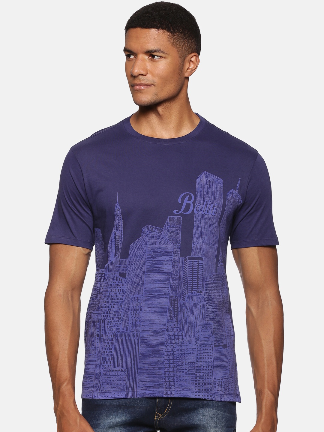 

bollti Graphic Printed Pure Cotton T-Shirt, Navy blue