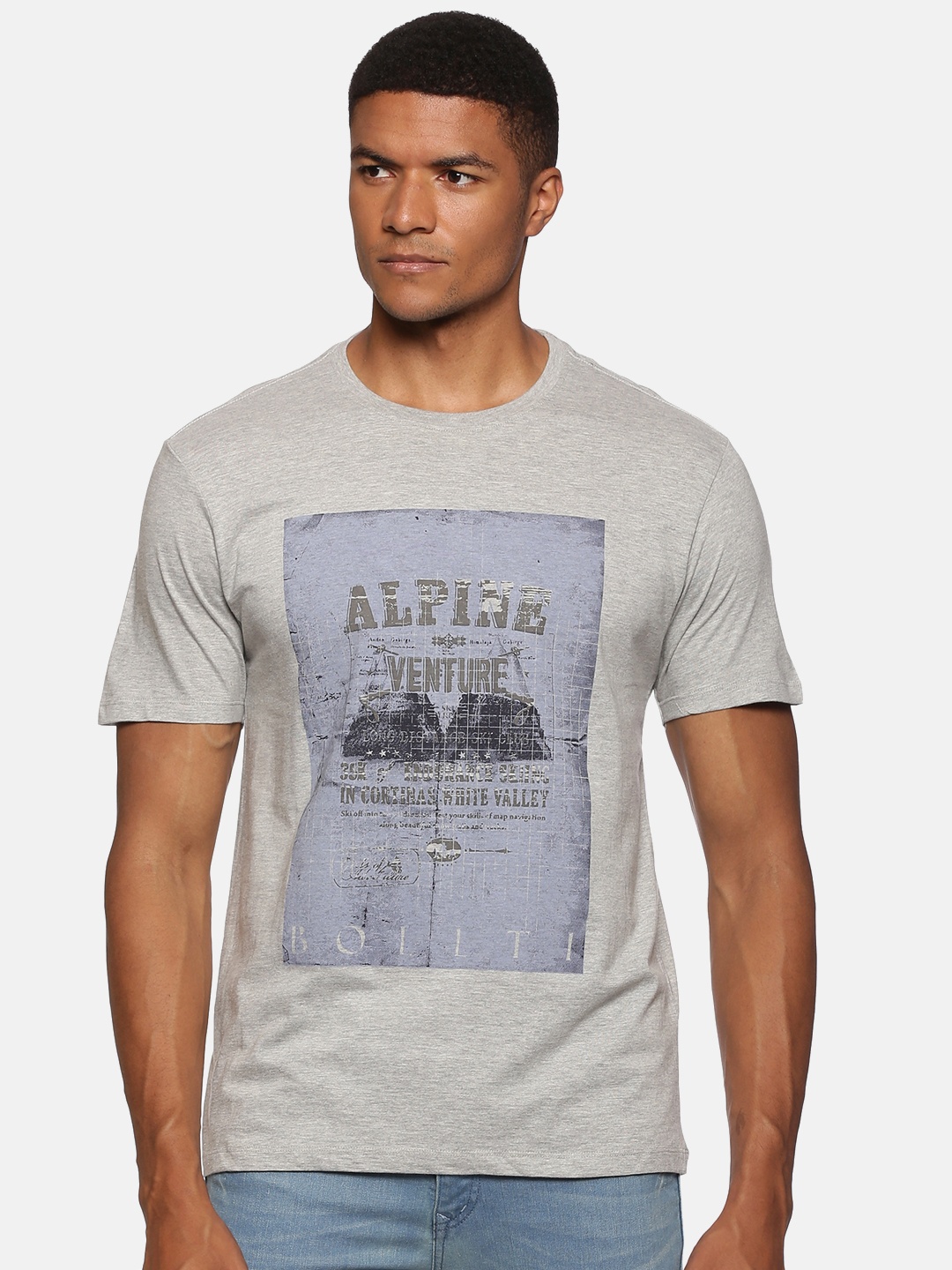 

bollti Graphic Printed Cotton T-Shirt, Grey