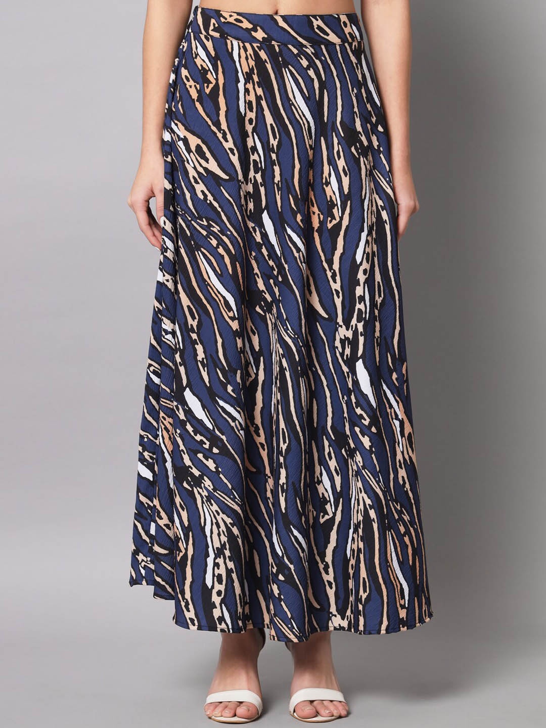 

The Vanca Navy Blue & Beige Abstract Printed Maxi Flared Skirt