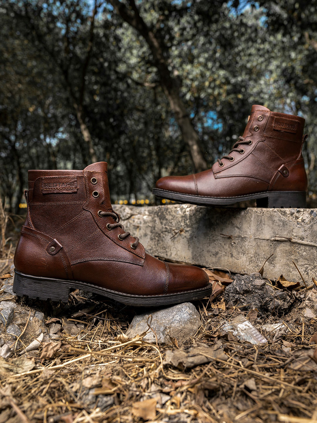 

Red Tape Men Textured Leather High-Top Biker Boots, Brown