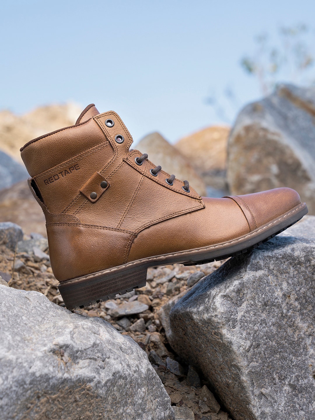 

Red Tape Men Textured Slip-Resistance On Ground Grip Leather High-Top Biker Boots, Tan