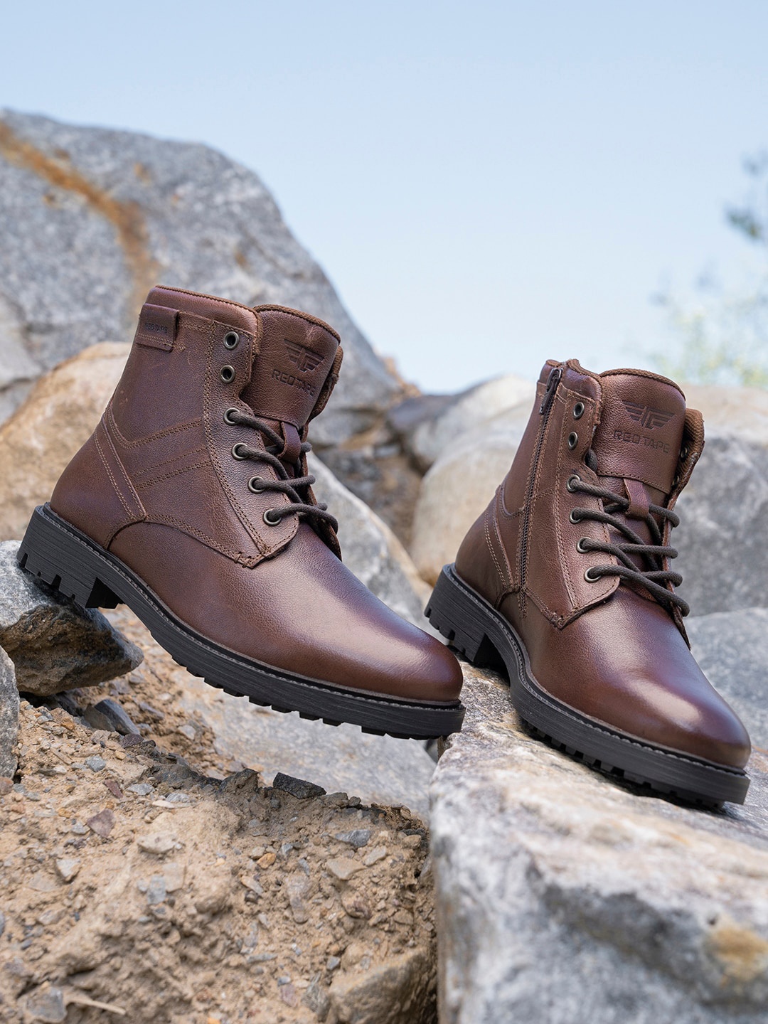 

Red Tape Men Textured Leather High-Top Biker Boots, Brown