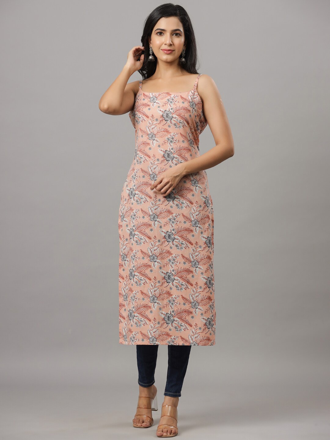 

Indian Virasat Floral Printed Shoulder Straps Cotton Straight Kurta, Peach