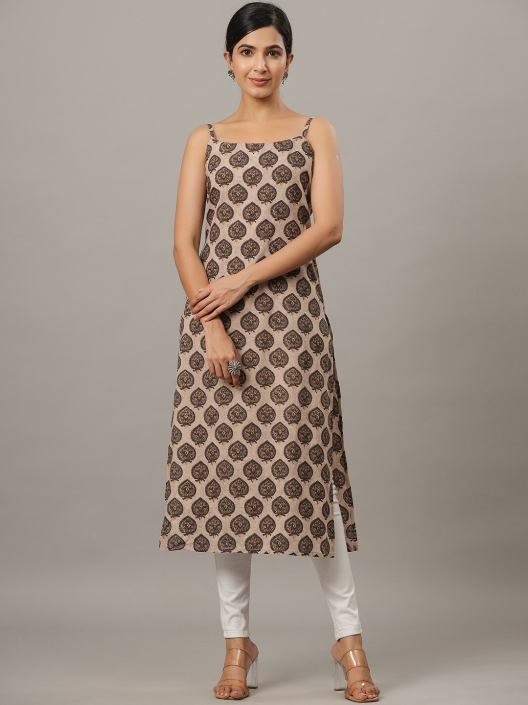 

Indian Virasat Ethnic Motifs Printed Shoulder Straps Cotton Kurta, Taupe