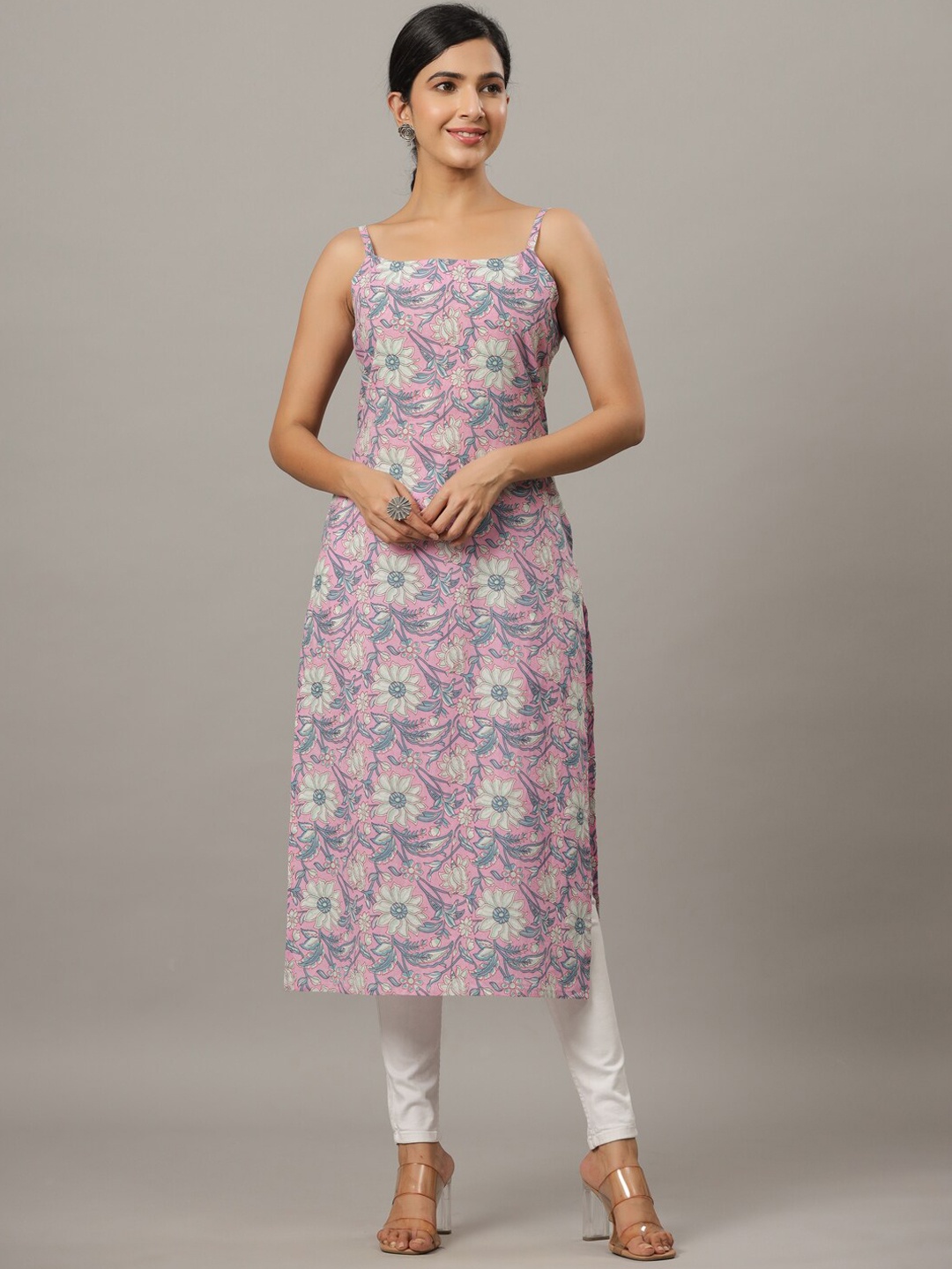 

Indian Virasat Floral Printed Shoulder Straps Cotton Straight Kurta, Purple