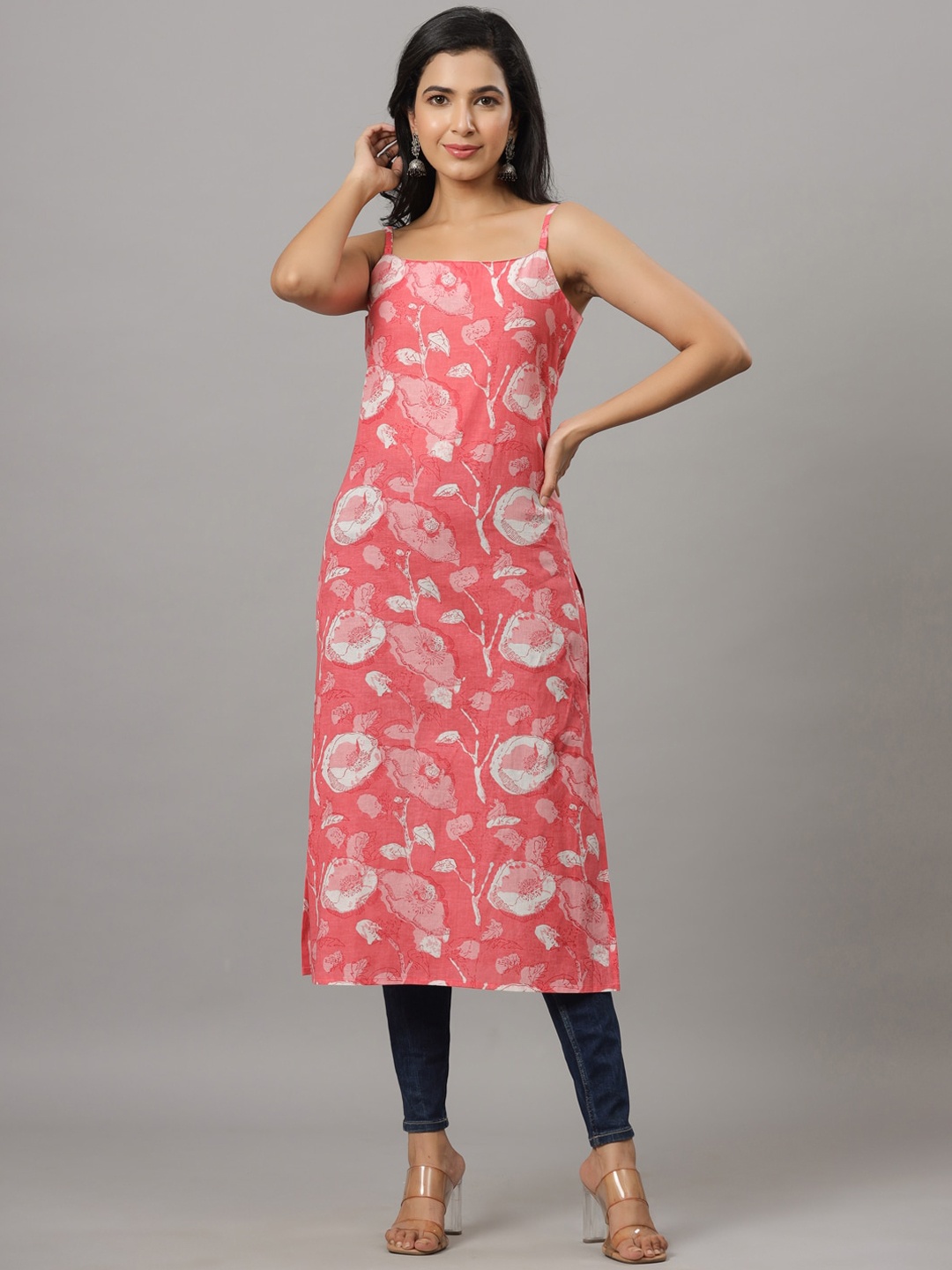 

Indian Virasat Floral Printed Shoulder Straps Cotton Straight Kurta, Peach