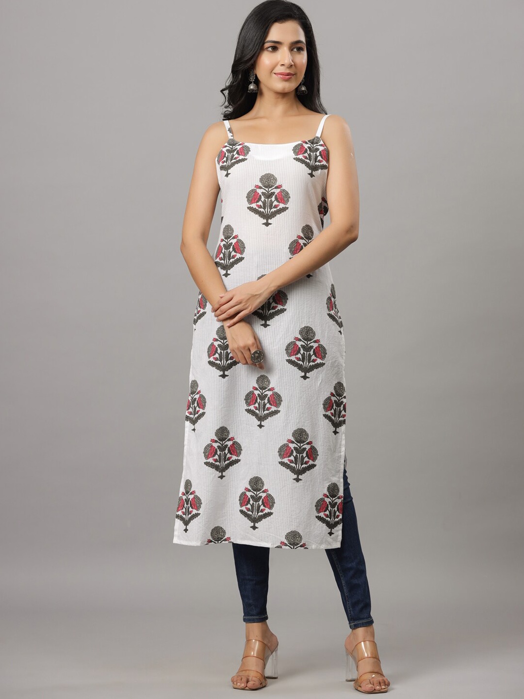 

Indian Virasat Floral Printed Shoulder Straps Cotton Straight Kurta, White