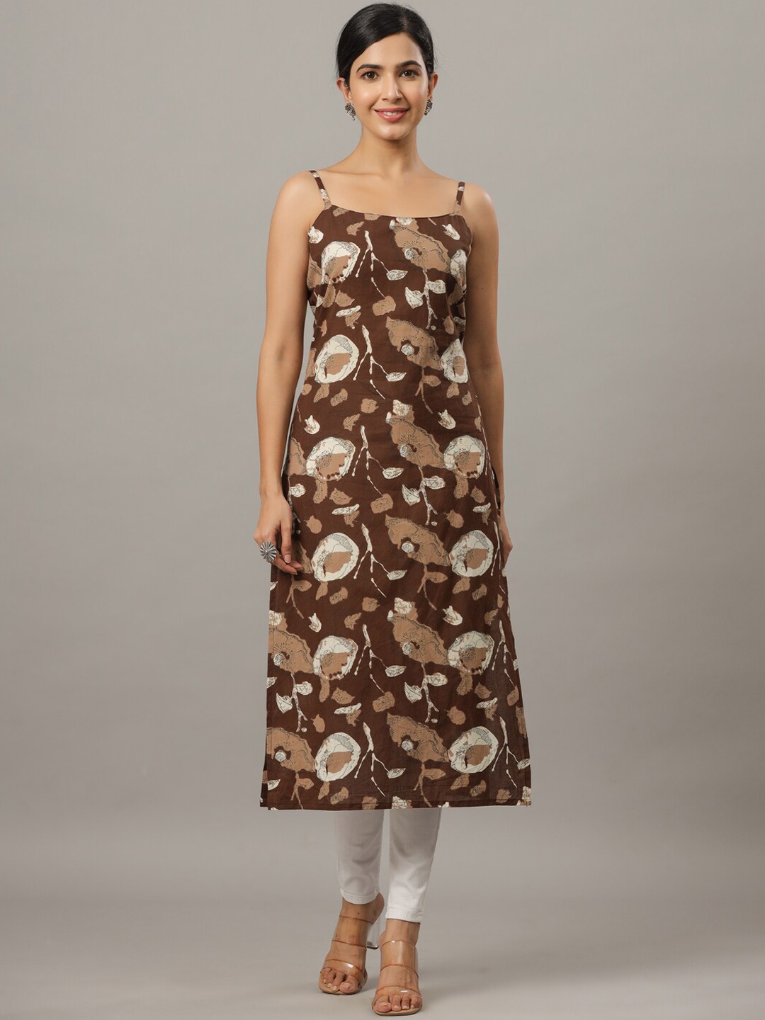 

Indian Virasat Floral Printed Shoulder Straps Cotton Straight Kurta, Brown