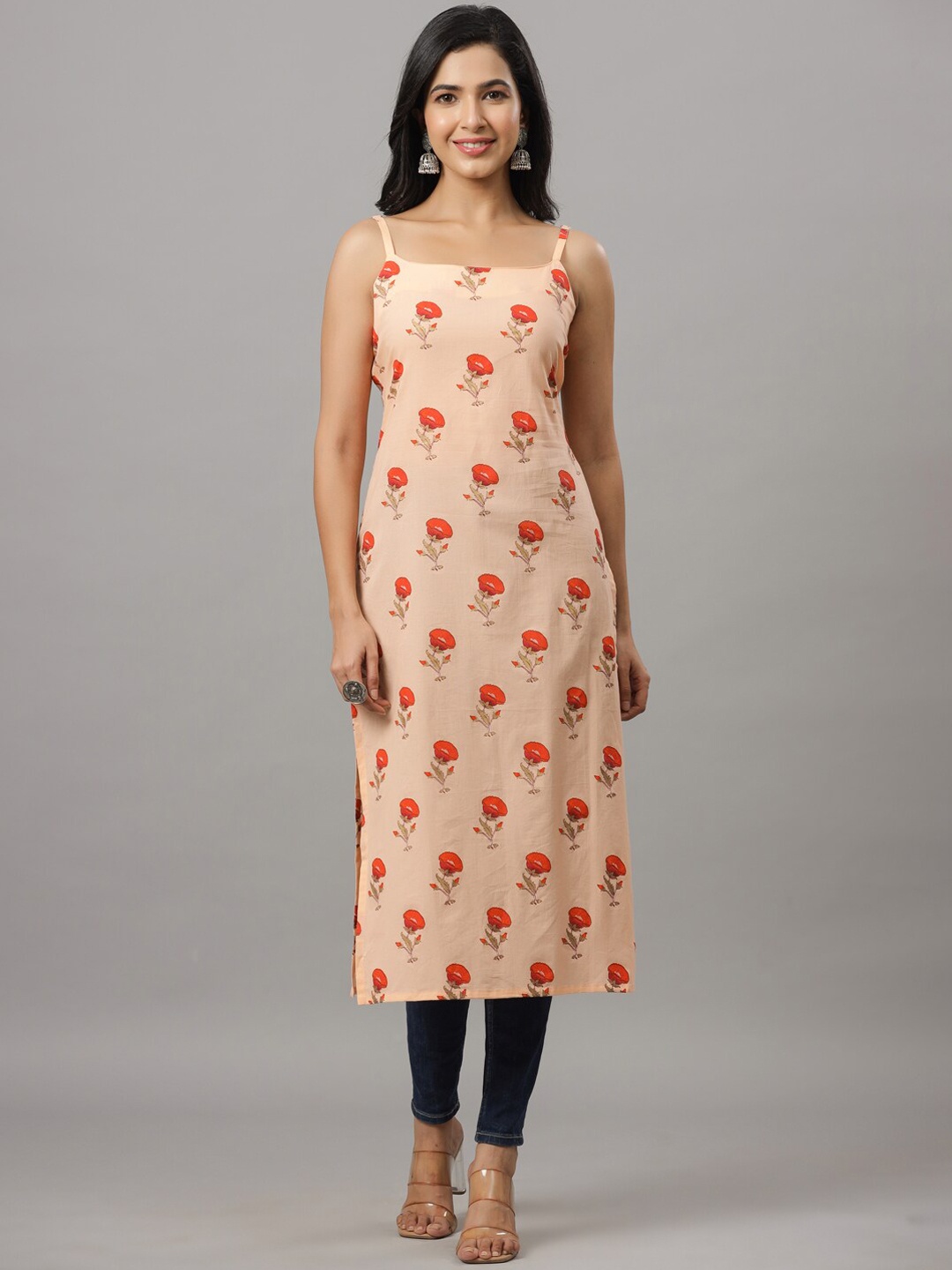 

Indian Virasat Floral Printed Shoulder Straps Cotton Kurta, Peach