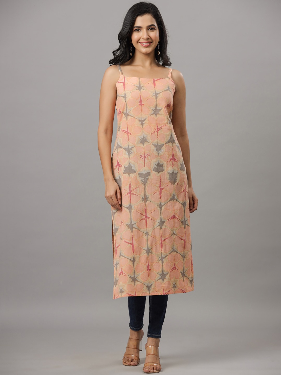 

Indian Virasat Tie & Dyed Shoulder Straps Cotton Kurta, Peach