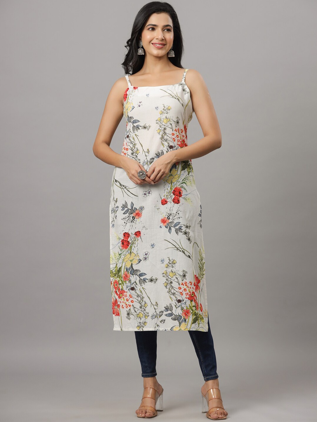

Indian Virasat Floral Printed Shoulder Straps Cotton Straight Kurta, White
