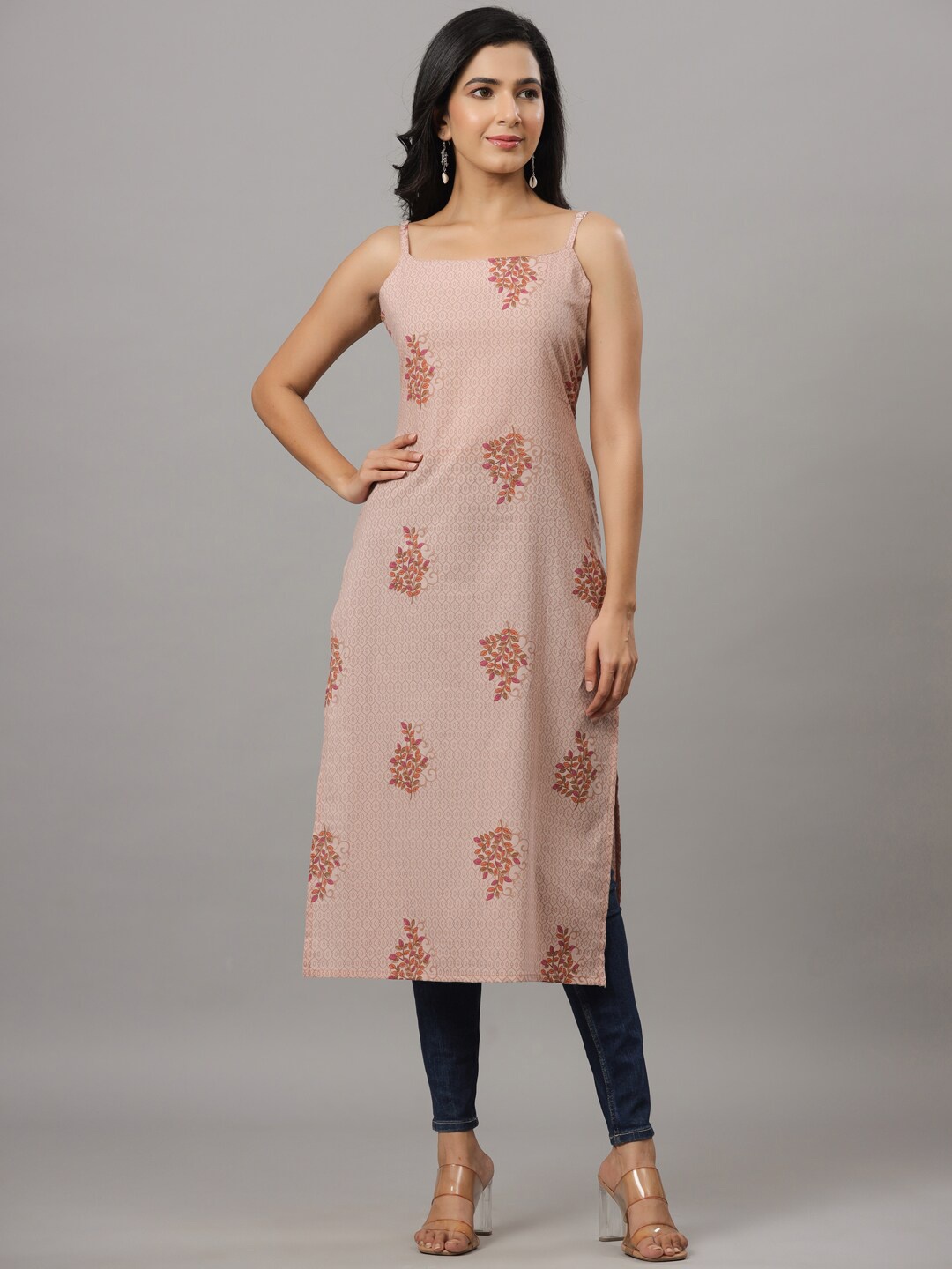 

Indian Virasat Floral Printed Shoulder Straps Cotton Straight Kurta, Rose
