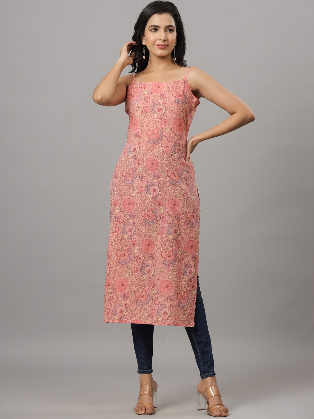 

Indian Virasat Floral Printed Shoulder Straps Cotton Straight Kurta, Peach