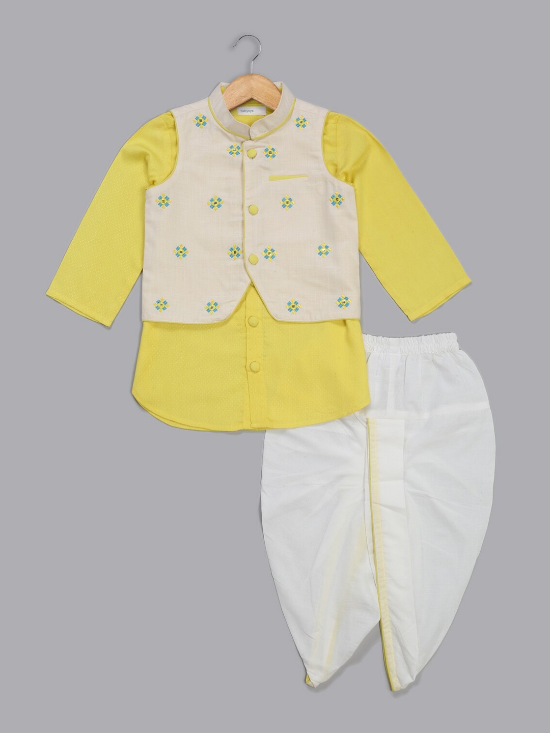 

SAKA DESIGNS Boys Pure Cotton Kurta with Dhoti Pants & Nehru Jacket, Yellow